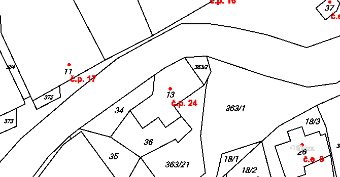 Blažov 24, Bouzov na parcele st. 13 v KÚ Blažov, Katastrální mapa