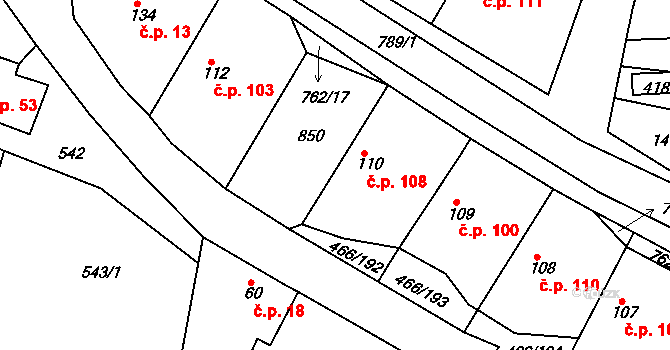 Broumy 108 na parcele st. 110 v KÚ Broumy, Katastrální mapa