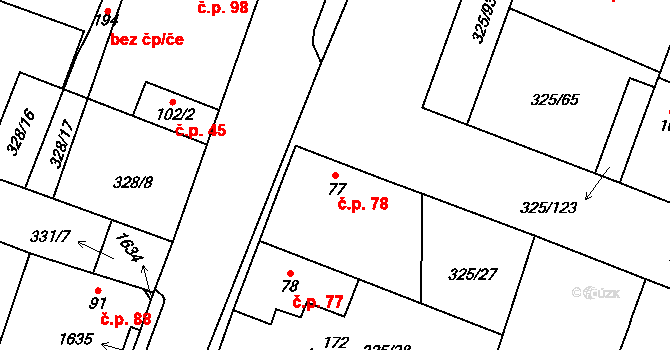 Chodouny 78 na parcele st. 77 v KÚ Chodouny, Katastrální mapa