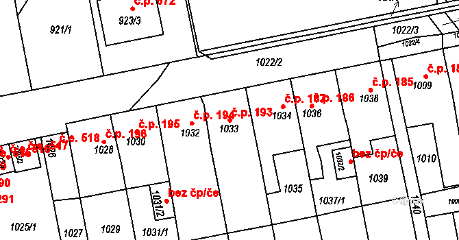Miřetice u Klášterce nad Ohří 193, Klášterec nad Ohří na parcele st. 1033 v KÚ Miřetice u Klášterce nad Ohří, Katastrální mapa