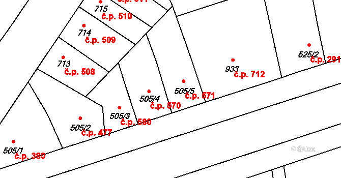 Břeclav 571 na parcele st. 505/5 v KÚ Břeclav, Katastrální mapa