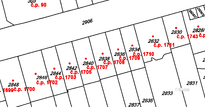 Černá Pole 1708, Brno na parcele st. 2838 v KÚ Černá Pole, Katastrální mapa