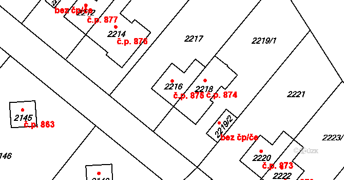 Maloměřice 875, Brno na parcele st. 2216 v KÚ Maloměřice, Katastrální mapa