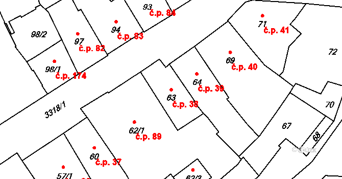 Pelhřimov 38 na parcele st. 63 v KÚ Pelhřimov, Katastrální mapa