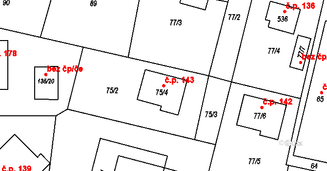 Kratonohy 143 na parcele st. 75/4 v KÚ Kratonohy, Katastrální mapa