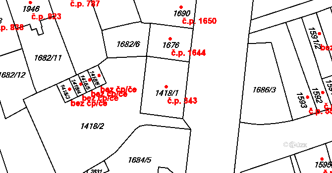 Cheb 343 na parcele st. 1418/1 v KÚ Cheb, Katastrální mapa