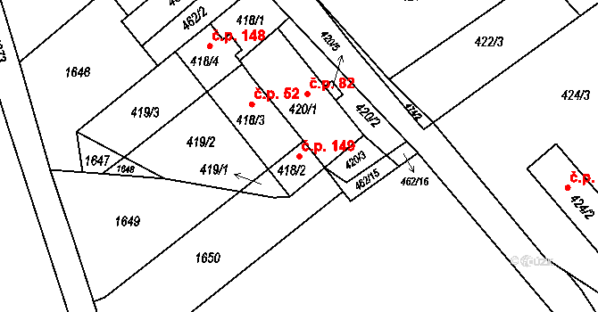 Tušť 149, Suchdol nad Lužnicí na parcele st. 418/2 v KÚ Tušť, Katastrální mapa