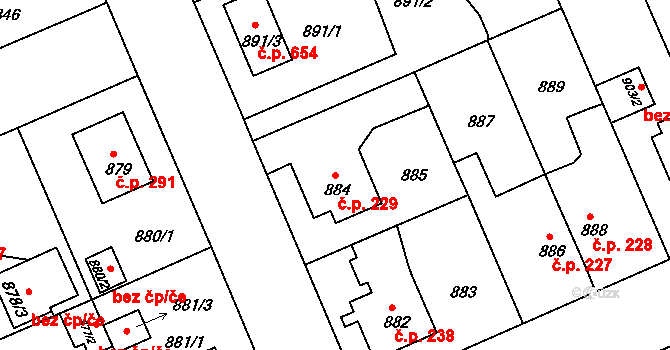 Koterov 229, Plzeň na parcele st. 884 v KÚ Bručná, Katastrální mapa