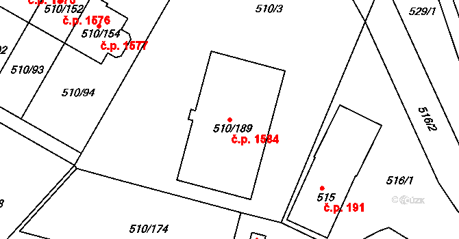 Hostivice 1584 na parcele st. 510/189 v KÚ Hostivice, Katastrální mapa