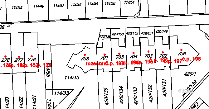 Trnová 193, Pardubice na parcele st. 701 v KÚ Trnová, Katastrální mapa