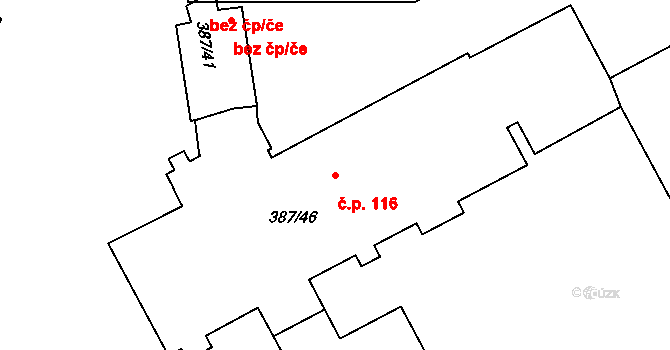 Dubenec 116 na parcele st. 387/46 v KÚ Dubenec u Příbramě, Katastrální mapa