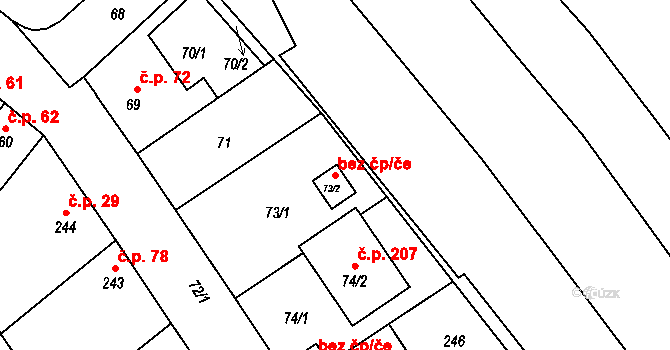 Tuchlovice 38586258 na parcele st. 73/2 v KÚ Srby u Tuchlovic, Katastrální mapa