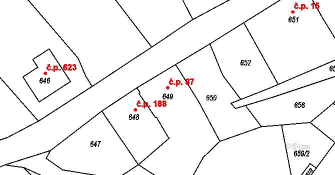 Štípa 87, Zlín na parcele st. 649 v KÚ Štípa, Katastrální mapa