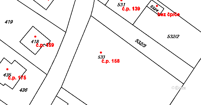 Děhylov 158 na parcele st. 533 v KÚ Děhylov, Katastrální mapa