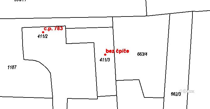 Chrast 47832258 na parcele st. 411/3 v KÚ Chrast, Katastrální mapa