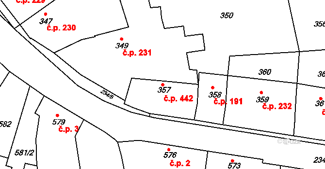 Buchlovice 442 na parcele st. 357 v KÚ Buchlovice, Katastrální mapa