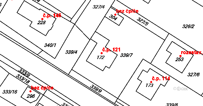 Jeníkov 121 na parcele st. 172 v KÚ Jeníkov u Hlinska, Katastrální mapa