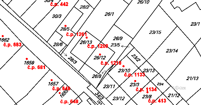 Rousínov 1218 na parcele st. 26/12 v KÚ Rousínov u Vyškova, Katastrální mapa