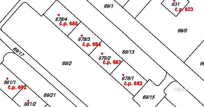 Neratovice 683 na parcele st. 878/2 v KÚ Neratovice, Katastrální mapa