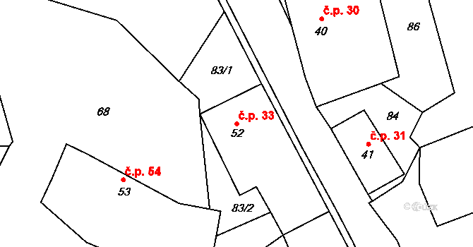 Hustířany 33, Velichovky na parcele st. 52 v KÚ Hustířany, Katastrální mapa