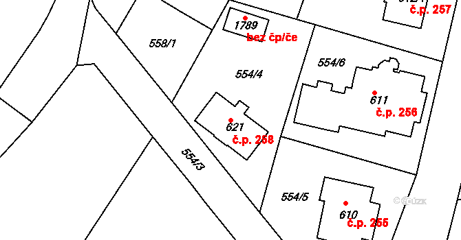 Broumov 258 na parcele st. 621 v KÚ Broumov, Katastrální mapa