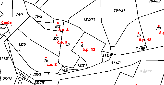 Heřmaneč 13, Počátky na parcele st. 9 v KÚ Heřmaneč u Počátek, Katastrální mapa