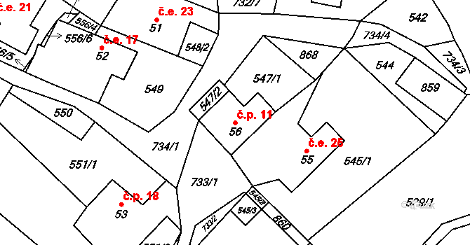 Skelná Huť 11, Krsy na parcele st. 56 v KÚ Trhomné, Katastrální mapa