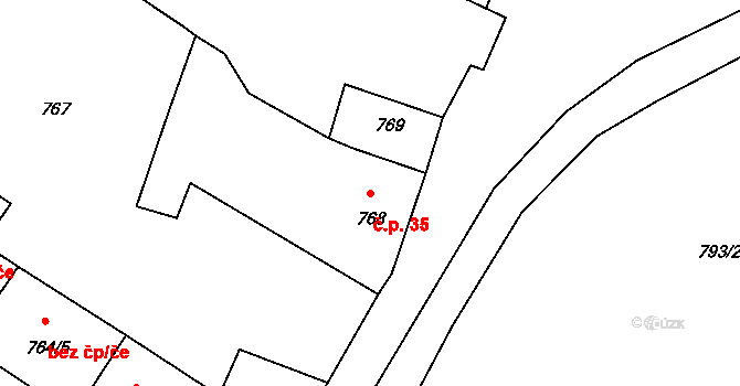 Střezov 35, Březno na parcele st. 768 v KÚ Březno u Chomutova, Katastrální mapa