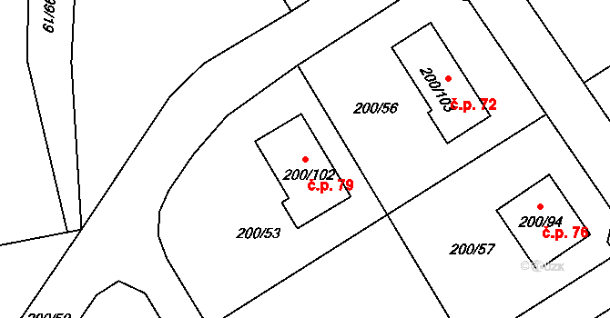 Hrádkov 79, Boskovice na parcele st. 200/102 v KÚ Hrádkov, Katastrální mapa
