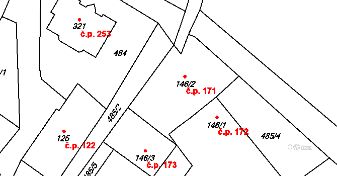 Trstěnice 171 na parcele st. 146/2 v KÚ Trstěnice u Moravského Krumlova, Katastrální mapa