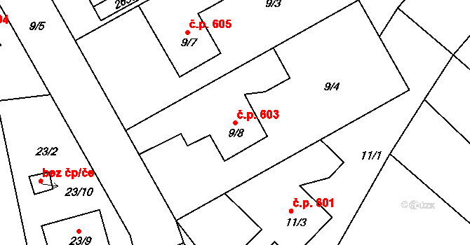 Lyžbice 603, Třinec na parcele st. 9/8 v KÚ Lyžbice, Katastrální mapa