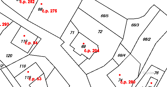 Stonařov 204 na parcele st. 69 v KÚ Stonařov, Katastrální mapa