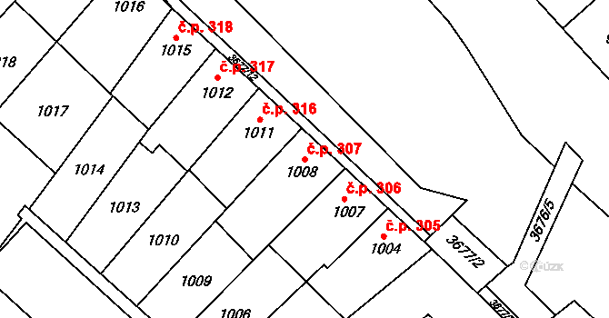 Vyškov-Předměstí 307, Vyškov na parcele st. 1008 v KÚ Vyškov, Katastrální mapa
