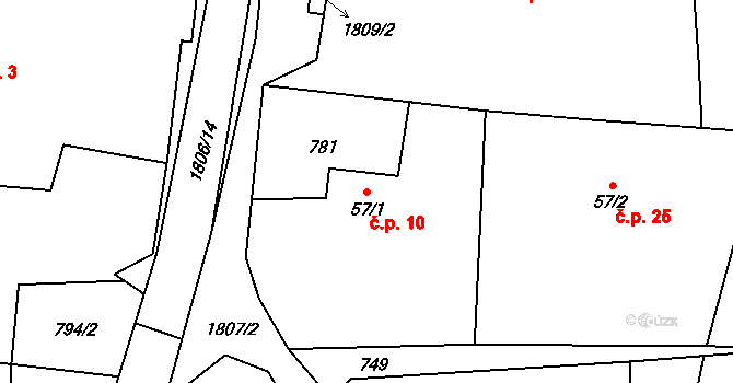 Rýzmburk 10, Hulice na parcele st. 57/1 v KÚ Hulice, Katastrální mapa