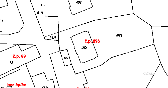 Škrdlovice 296 na parcele st. 565 v KÚ Škrdlovice, Katastrální mapa
