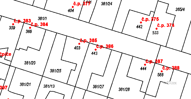 Smiřice 386 na parcele st. 443 v KÚ Smiřice, Katastrální mapa