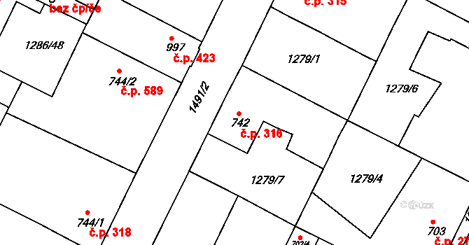 Chlumec nad Cidlinou IV 316, Chlumec nad Cidlinou na parcele st. 742 v KÚ Chlumec nad Cidlinou, Katastrální mapa