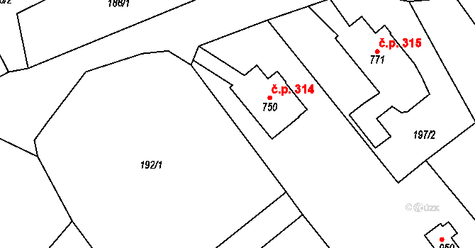 Opatov 314 na parcele st. 750 v KÚ Opatov v Čechách, Katastrální mapa