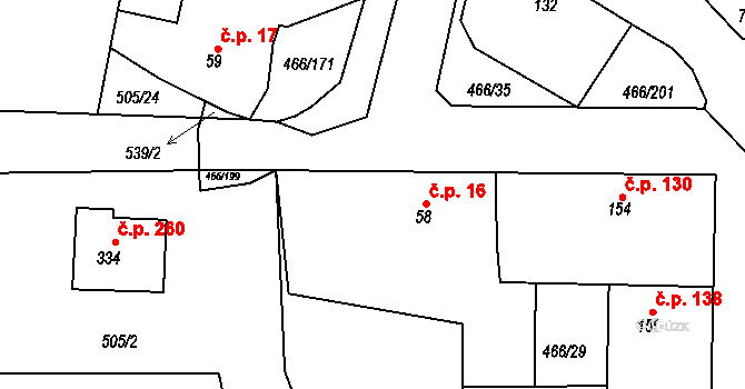Broumy 16 na parcele st. 58 v KÚ Broumy, Katastrální mapa