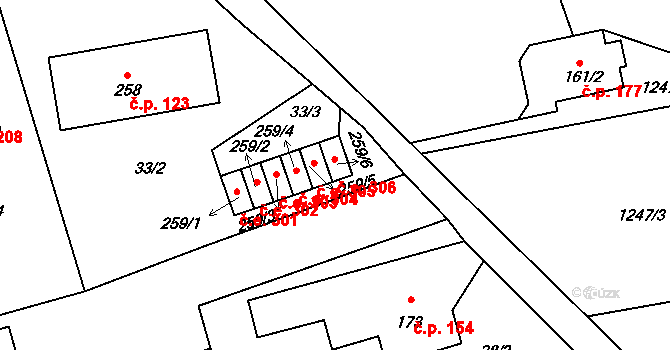 Borotín 306 na parcele st. 259/6 v KÚ Borotín u Tábora, Katastrální mapa