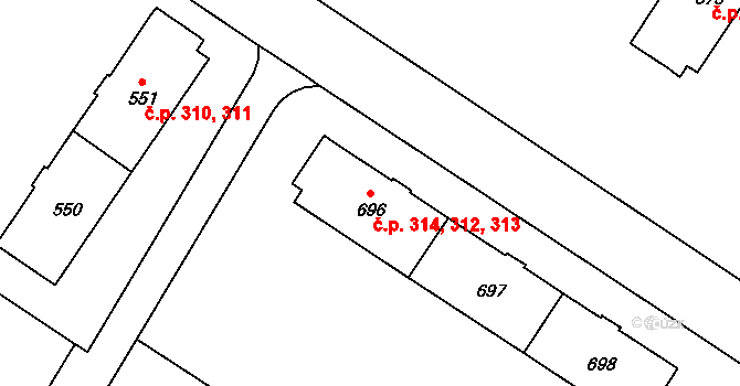 Milovice 312,313,314 na parcele st. 696 v KÚ Milovice nad Labem, Katastrální mapa