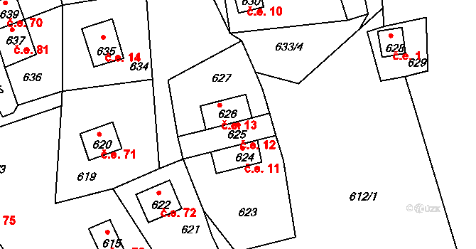 Prunéřov 12, Kadaň na parcele st. 625 v KÚ Prunéřov, Katastrální mapa