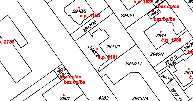 Teplice 3151 na parcele st. 2943/24 v KÚ Teplice, Katastrální mapa