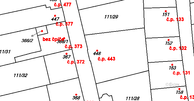 Veltrusy 443 na parcele st. 448 v KÚ Veltrusy, Katastrální mapa