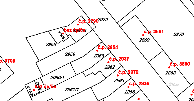 Chomutov 2954 na parcele st. 2959 v KÚ Chomutov II, Katastrální mapa