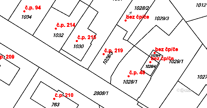 Dačice V 219, Dačice na parcele st. 1028/3 v KÚ Dačice, Katastrální mapa