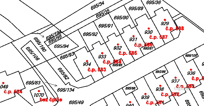Kryry 584 na parcele st. 933 v KÚ Kryry, Katastrální mapa