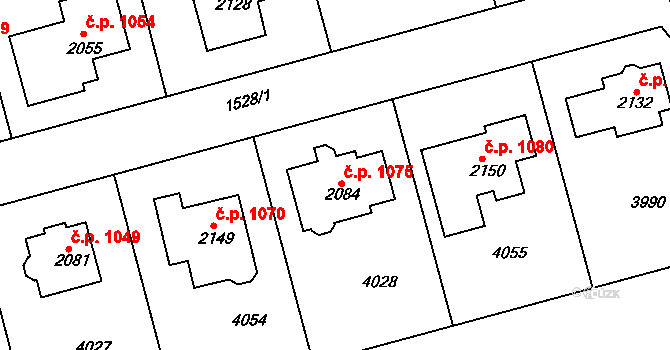 Dobřany 1075 na parcele st. 2084 v KÚ Dobřany, Katastrální mapa