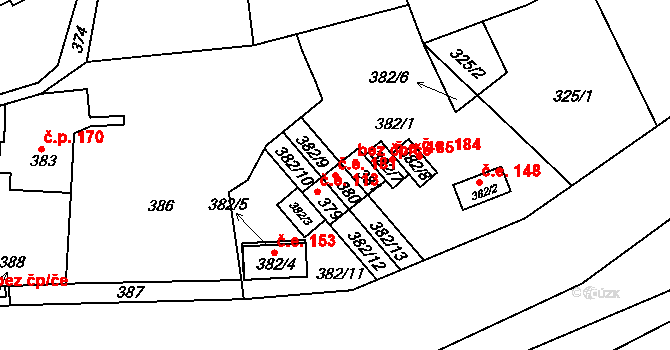 Řícmanice 181 na parcele st. 380 v KÚ Řícmanice, Katastrální mapa