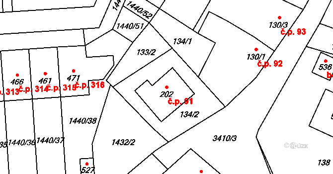 Želetava 91 na parcele st. 202 v KÚ Želetava, Katastrální mapa
